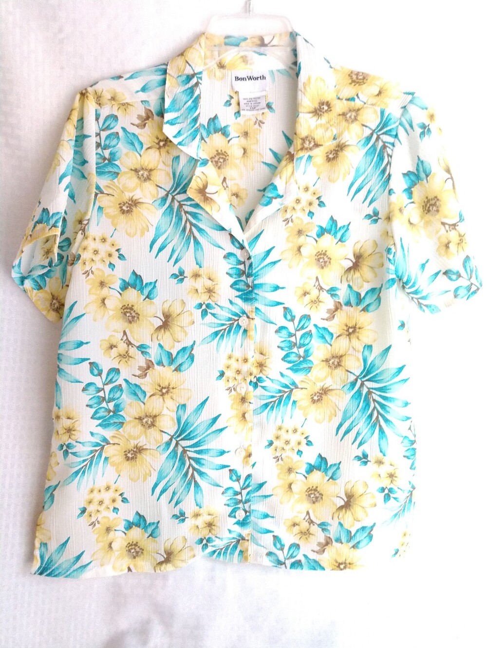 BonWorth Floral Blouse Shirt Short Sleeve Blue Yellow Floral Size XSP Chest 38"
